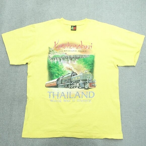 Joligolf The River Kwai Bridge T-Shirt Mens Size L Yellow Crew Neck Short Sleeve - Picture 1 of 6